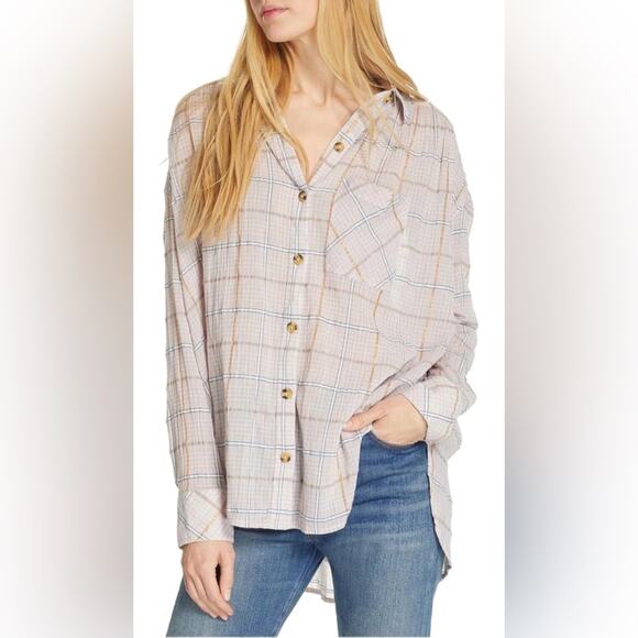 Womens Free People brand stride metallic pink gold plaid oversized tunic top sm. - Picture 10 of 10